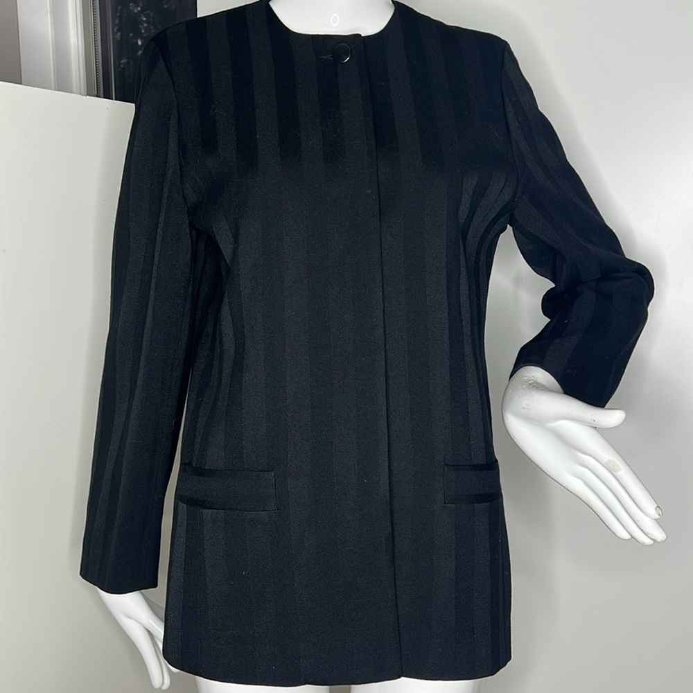 Christian Dior Sz 6-8 Black Wide Pin Stripe Collarless Hidden Button Blazer